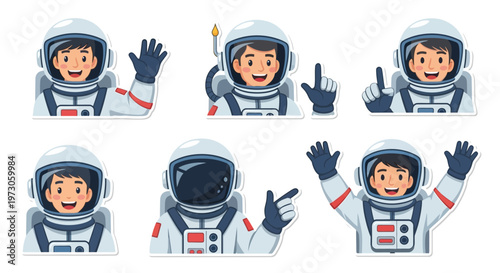 A set of stylized illustrations celebrating the International Day of Human Space Flight, featuring astronauts in spacesuits with various gestures, presented as vector art against a clean