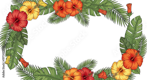 A floral border of tropical leaves and hibiscus flowers in vibrant colors
