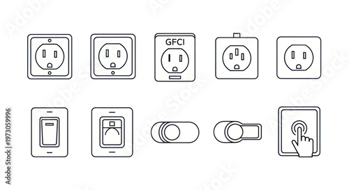 Electrical Outlet and Switch Icons Set: Vector Illustrations