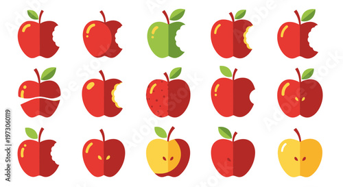 Variety of Apples: Whole, Bitten, Sliced, and Halved