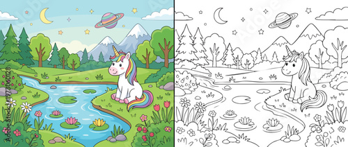 Adorable Unicorn Sitting by a Magical River in a Fantasy Landscape.