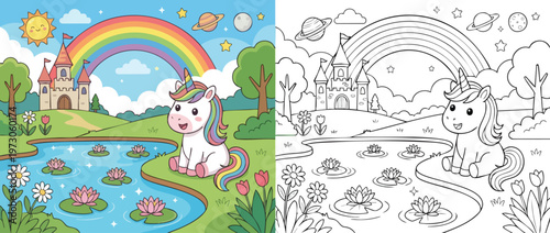 Adorable Unicorn Sitting by a Pond with a Rainbow and Castle.