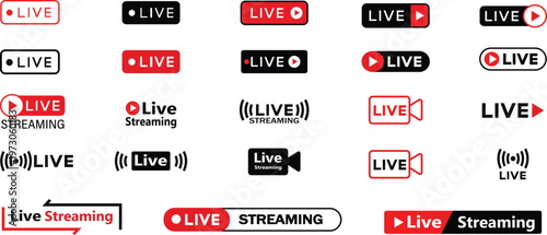 Live Streaming Badge Icons Set in Red Black and White Vector Style