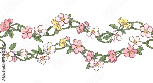 Billede på lærred Delicate pink, white, and yellow blossoms entwined on green vine borders