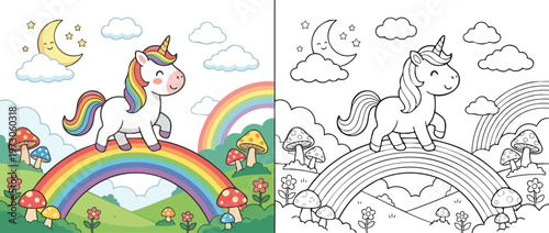 Adorable Unicorn Standing on a Rainbow in a Magical Landscape.
