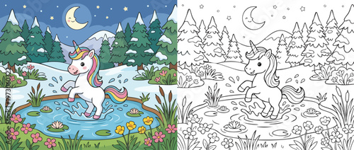Adorable Unicorn Standing in a Magical Pond Coloring Page.