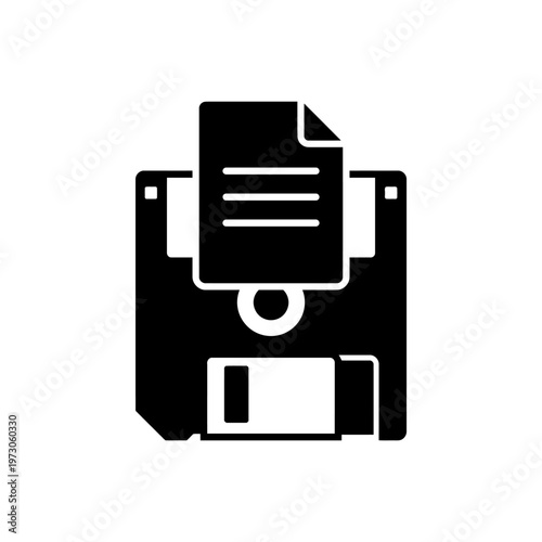 Black icon of a floppy disk with a document on top.