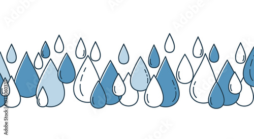 A horizontal pattern of various sized blue and white water droplets