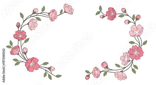 Delicate pink cherry blossoms and buds on curving branches border a white space