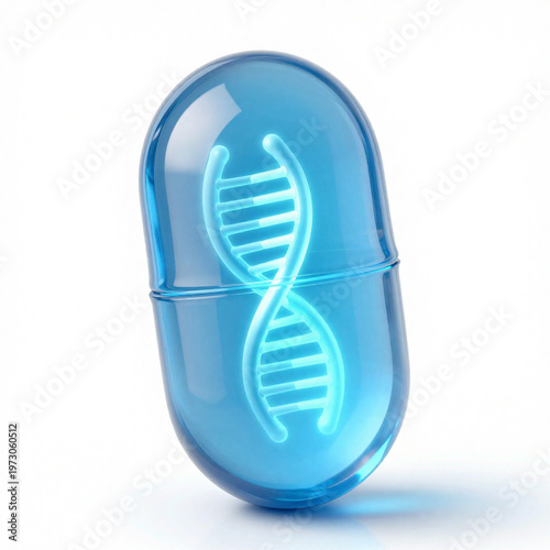 Transparent blue capsule pill containing a luminous DNA helix, glass texture, delicate highlights and subtle internal glow, isolated