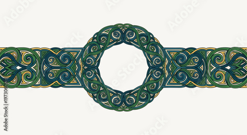 Intricate Celtic knotwork border with green, blue, and gold swirling patterns