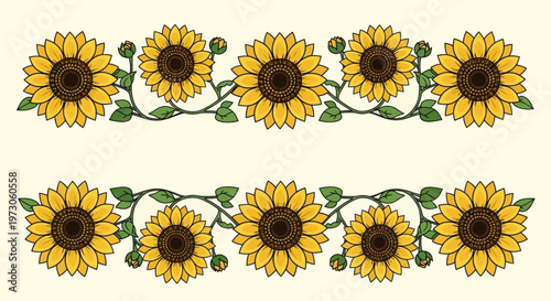 Two rows of stylized sunflowers and vines create decorative borders