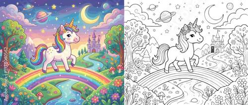Adorable Unicorn Standing on a Vibrant Rainbow Bridge in a Magical Landscape.