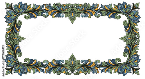 Intricate floral border with blue, green, and gold accents