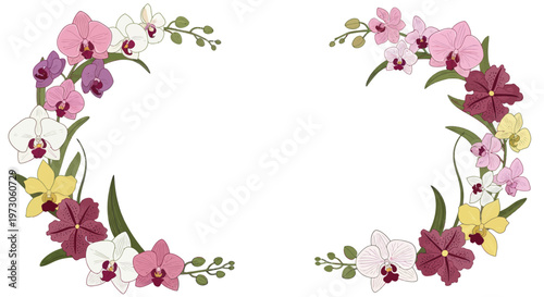 Two crescent-shaped arrangements of colorful orchid flowers and leaves