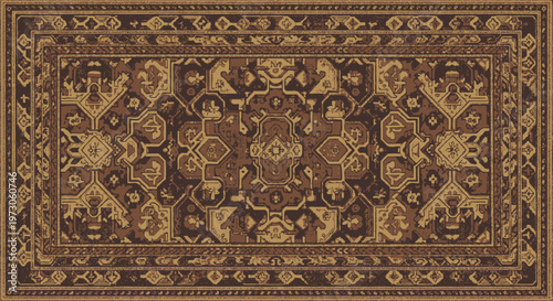 Ornate Persian-style rug with intricate geometric patterns in brown and beige