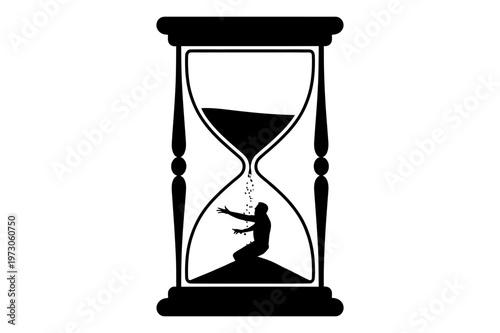 A minimalist silhouette of a person trapped in an hourglass