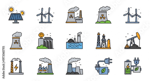 Collection of energy production icons representing diverse sources.