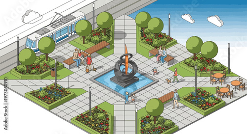 Urban park square with fountain, tram, people, dogs, and green trees, isometric view