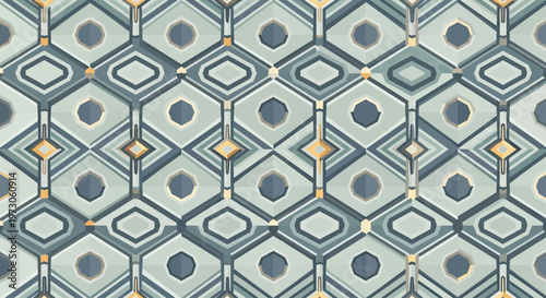 Geometric pattern with hexagonal and diamond shapes in muted blue, gray, and gold tones