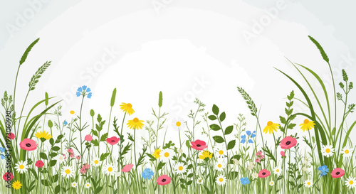 Colorful meadow with diverse wildflowers and grasses on a pale background