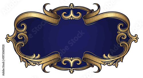 Ornate gold flourishes frame a rich navy blue oval background
