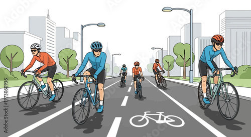 Cyclists on Dedicated Bike Lane in Modern City