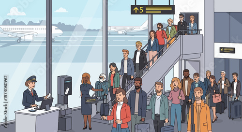 Diverse crowd boarding airplane at airport gate, check-in counter and departure board visible