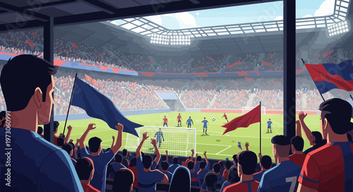 Excited football fans cheer during soccer match at stadium with flags and goal action.
