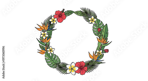Decorative circle of tropical flowers and leaves