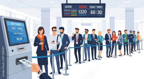 People Queueing for Ticket Machine at Modern Transport Hub