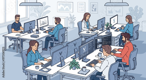 Diverse team working in modern open-plan office with computers and plants