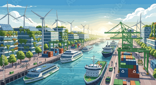 Eco-friendly harbor city with green energy, ships, and cargo cranes.