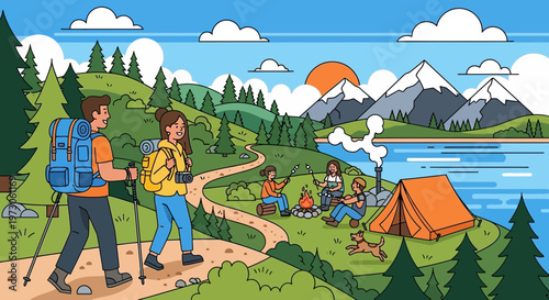 Couple hiking in mountains near lake, camping group by campfire, adventure travel illustration