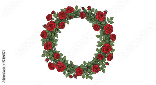 Lush red roses and green leaves form a circular wreath