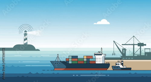 Cargo ship with containers entering harbor near lighthouse and crane, sea transport illustration