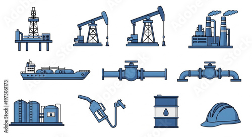 Oil and Gas Industry Icons - Extraction, Transportation, and Processing.