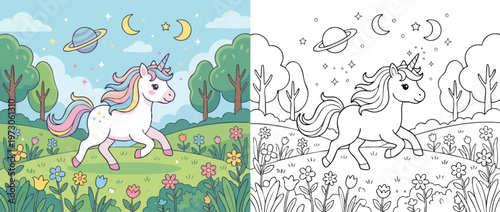Charming Unicorn Running Through a Whimsical Fantasy Landscape.