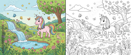 Charming Unicorn Standing Gracefully in a Magical Forest Landscape.