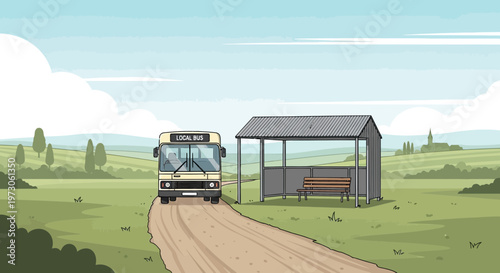 Pixel Art Bus Arriving at Rural Bus Stop Shelter, Countryside Landscape