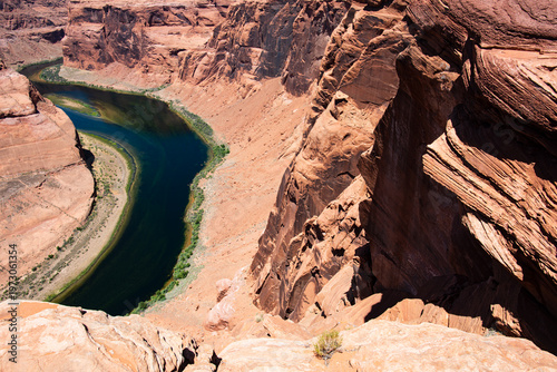 Horseshoe Bend and Colorado river on Arizona. Panorama of canyon desert. Rock landscape. Monument valley. Panoramic view. National Park.