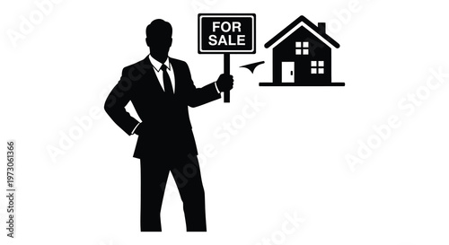 Man holding a for sale sign near a house black silhouette