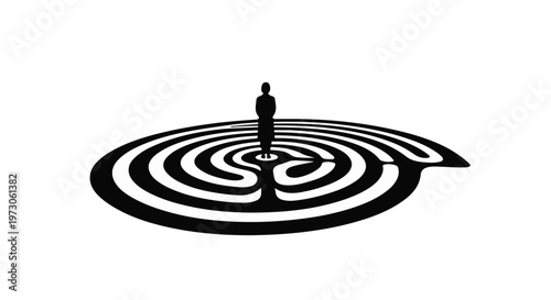 Solitary figure stands at the center of a complex circular maze, seeking direction.