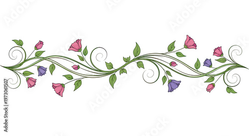 Ornate floral border with pink and purple bell-shaped flowers and green leaves