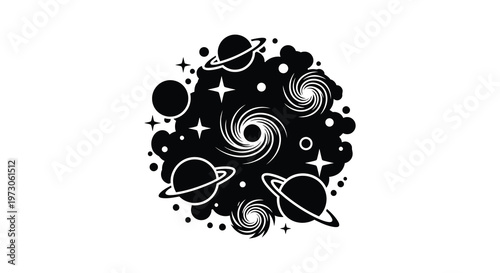 Cosmic scene with planets galaxies and stars in black silhouette