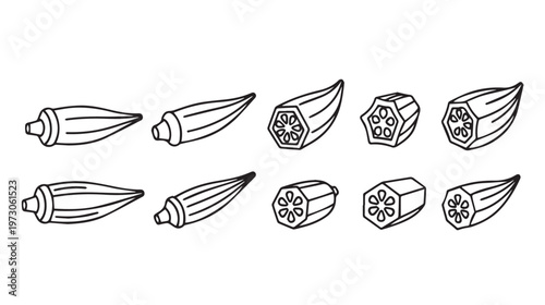 Okra Pods and Slices Line Art IllustrationIsolated on White Background