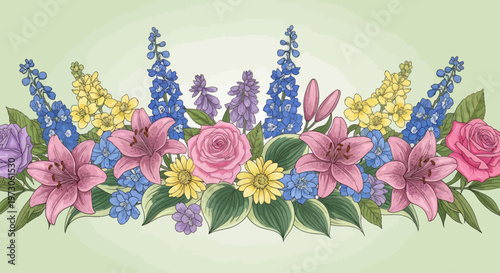 Delicate pastel floral arrangement with lilies, roses, daisies, and delphiniums