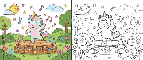 Cute cartoon unicorn dancing on a stage with musical notes around it.