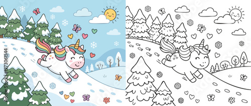 Cute cartoon unicorn flying happily with colorful wings and horn.