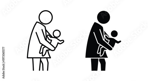 Two depictions of a parent gently holding a baby simple silhouette